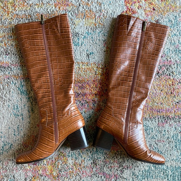 Franco Sarto Brown Faux Crocodile Leather Boots - Picture 5 of 11